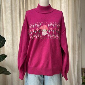Hello Kitty & Friends Pink Embroidered Mushroom Floral Sweater LG Turtleneck